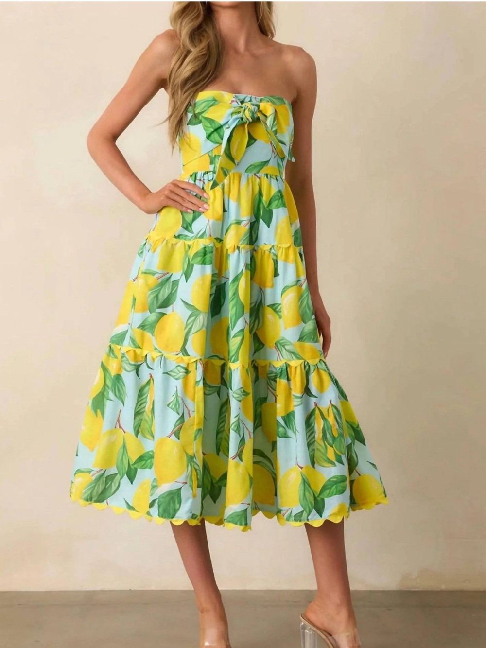 Prosperina Yellow Lemon Print Tiered Midi Dress with Rickrack Detail